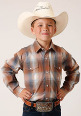 Roper Boys Long Sleeve Snap Copper Ombre Plaid Western Shirt