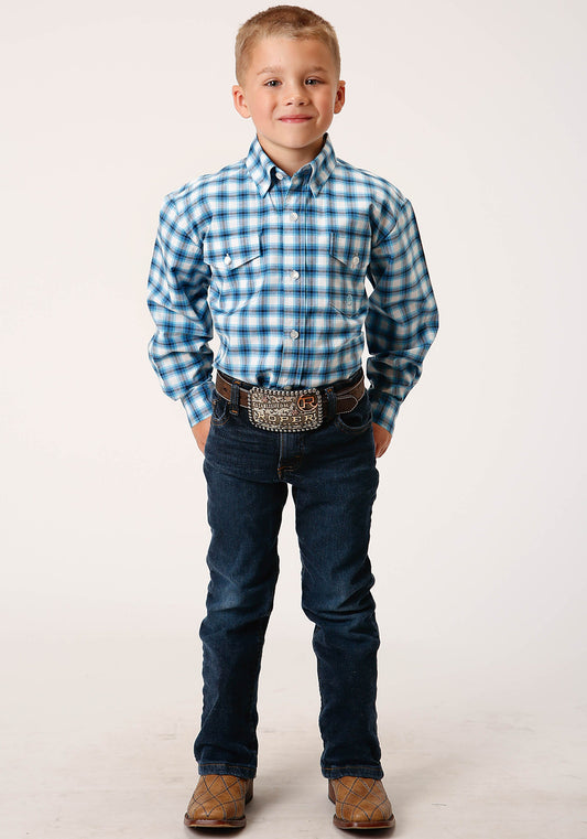 Roper Boys Long Sleeve Snap New Stretch Check Blue Western Shirt - Flyclothing LLC