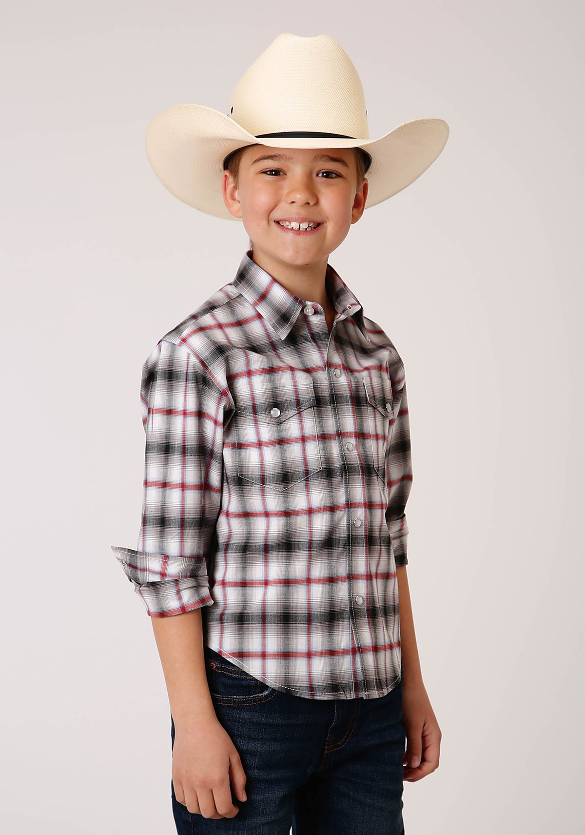 Roper Boys Long Sleeve Snap Classic Ombre Stretch Plaid Western Shirt