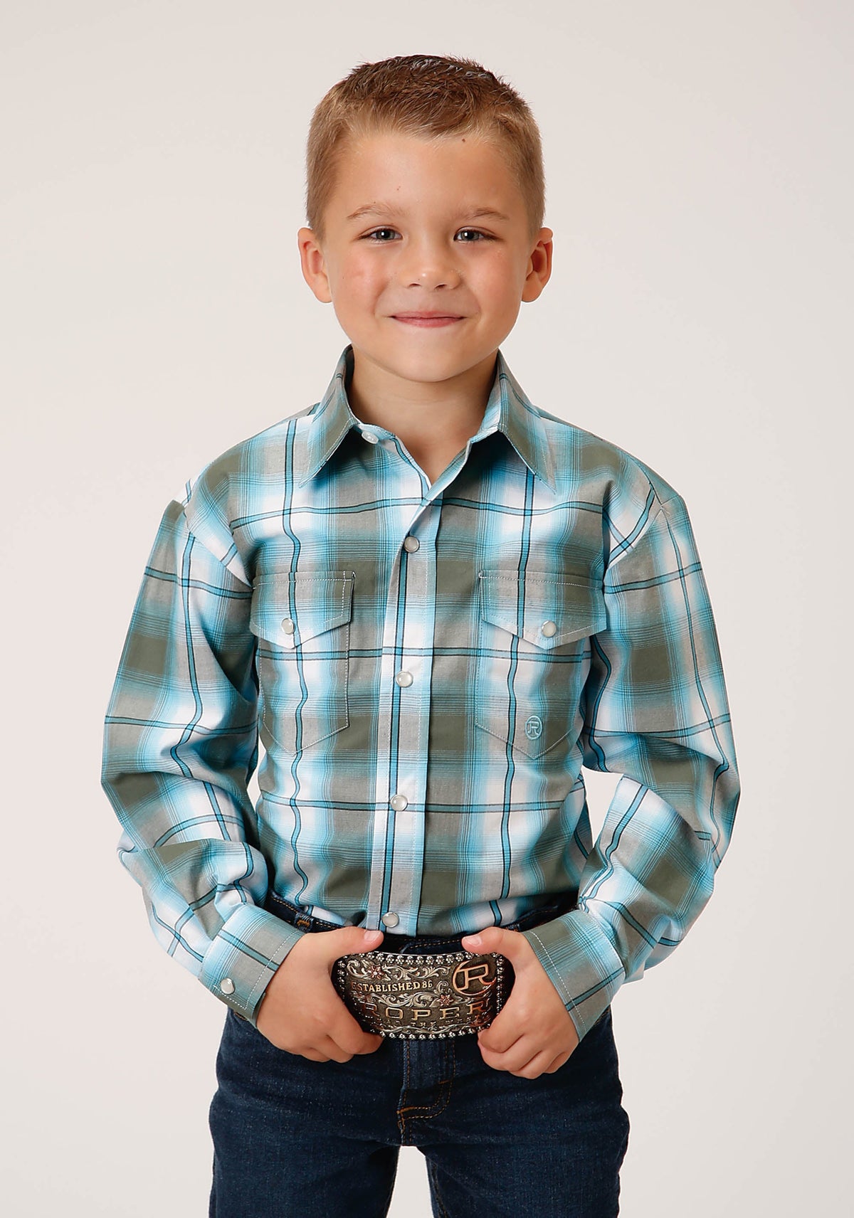 Roper Boys Long Sleeve Snap Meadow Plaid Western Shirt