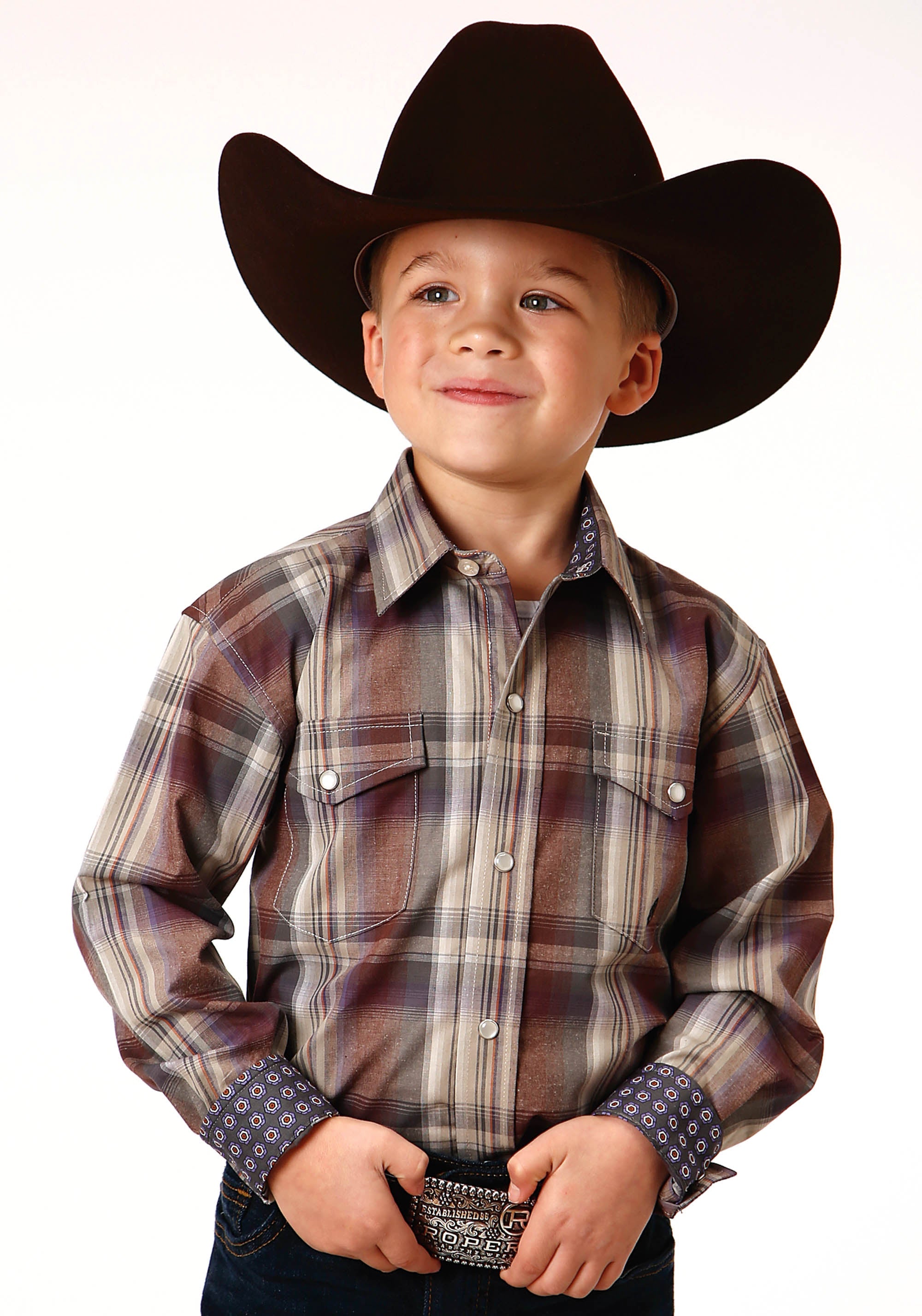 Roper Boys Long Sleeve Snap Cider Plaid Western Shirt