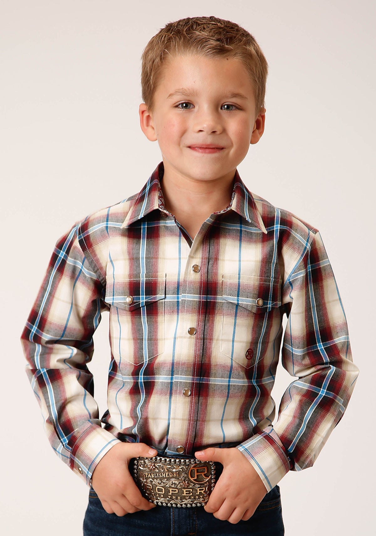 Roper Boys Long Sleeve Snap Red Canyon Plaid Western Shirt