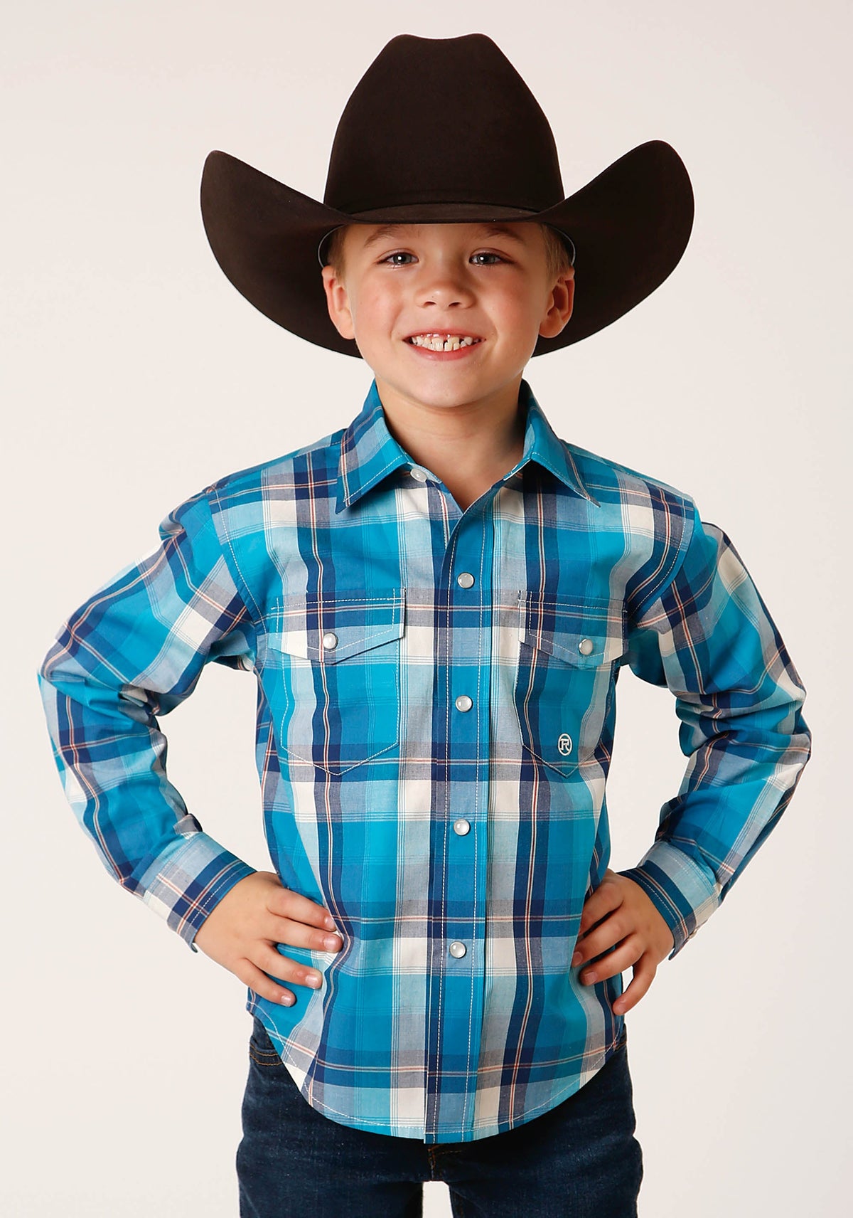 Roper Boys Long Sleeve Snap Blue Moon Plaid Western Shirt