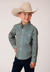 Roper Boys Long Sleeve Button Teal Foulard Western Shirt