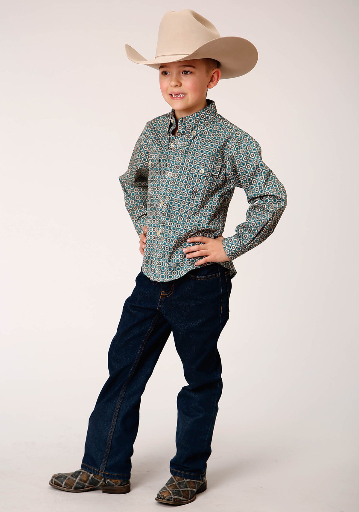 Roper Boys Long Sleeve Button Teal Foulard Western Shirt - Flyclothing LLC