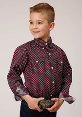 Roper Boys Long Sleeve Button Wine Star Geo Western Shirt