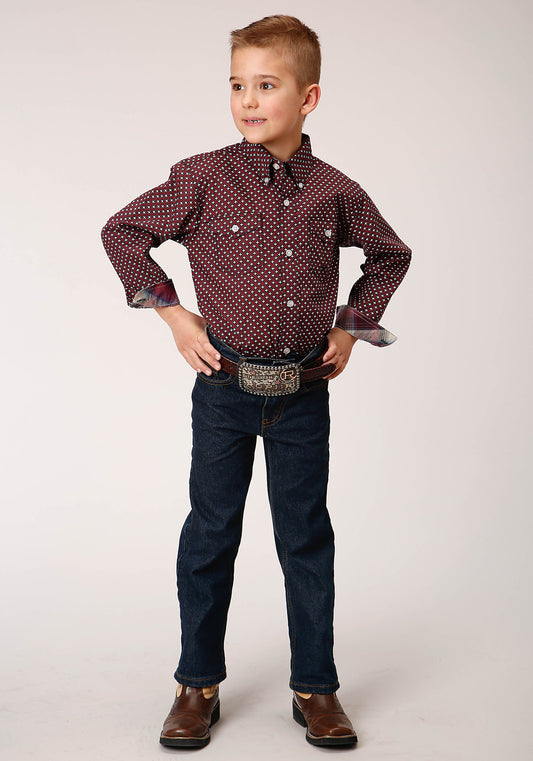 Roper Boys Long Sleeve Button Wine Star Geo Western Shirt - Flyclothing LLC