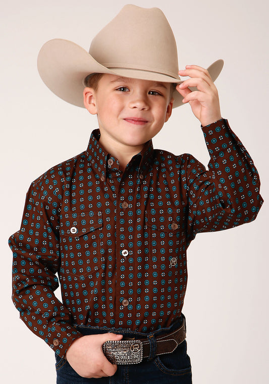 Roper Boys Long Sleeve Button Chocolate Agave Foulard Western Shirt