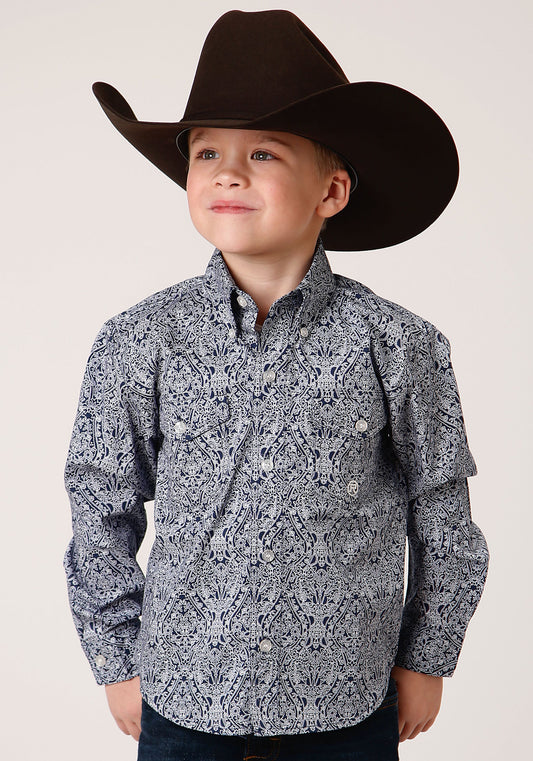 Roper Boys Long Sleeve Button Crystal Medallion Western Shirt