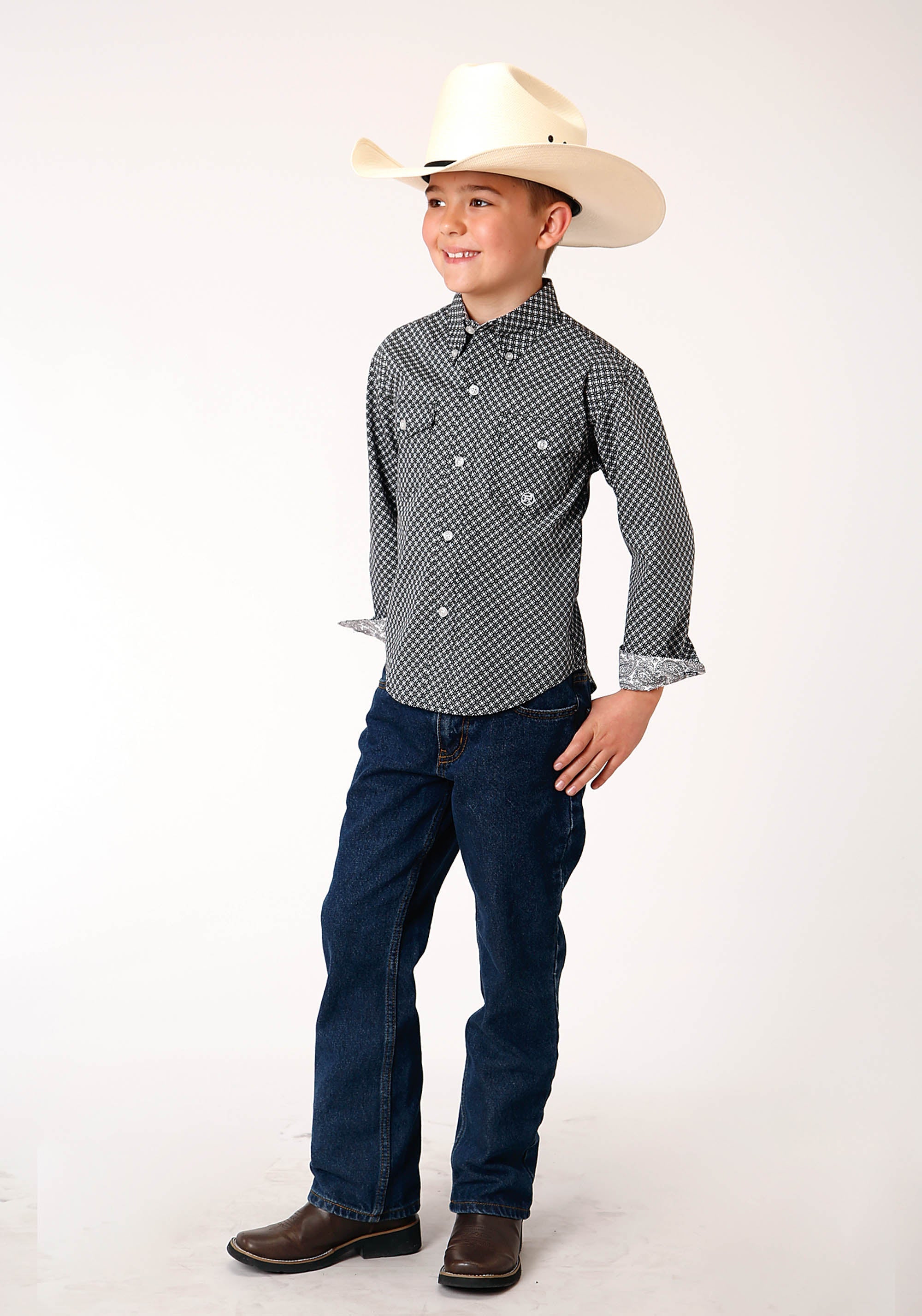 Roper Boys Long Sleeve Button Diamond Star Geo Western Shirt - Flyclothing LLC