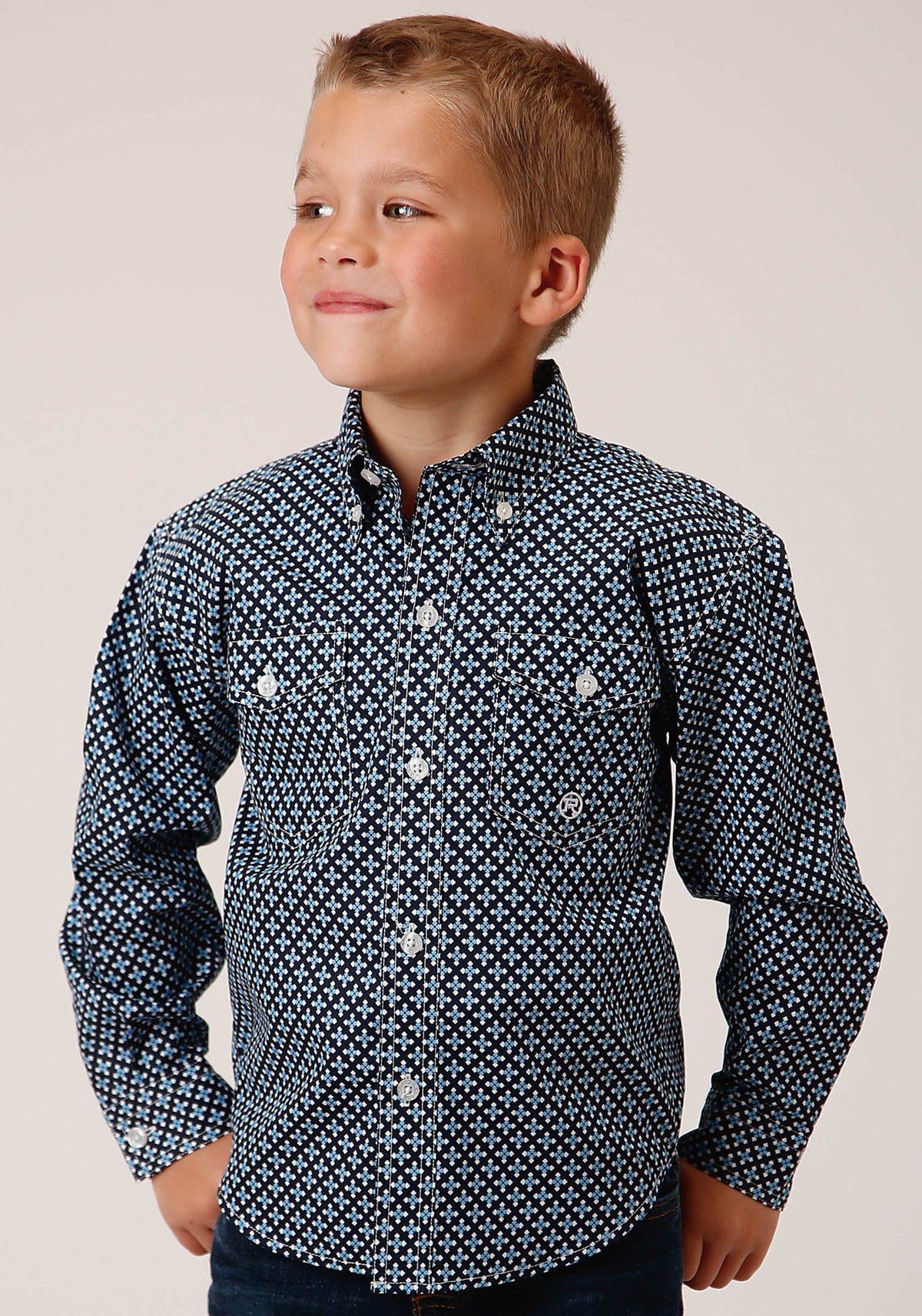 Roper Boys Long Sleeve Button Four Leaf Foulard Western Shirt