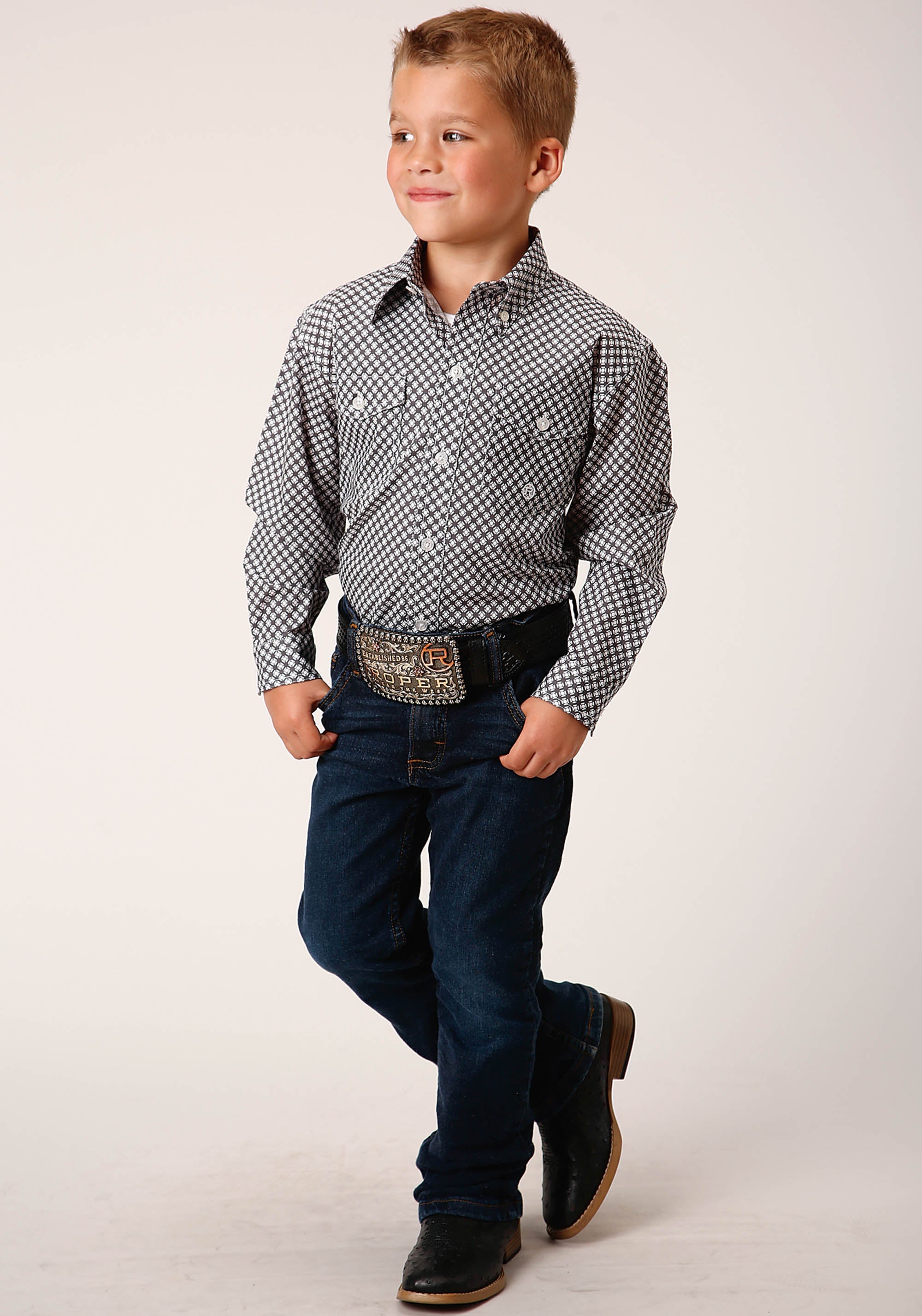 Roper Boys Long Sleeve Button Diamond Star Geo Grey Western Shirt - Flyclothing LLC