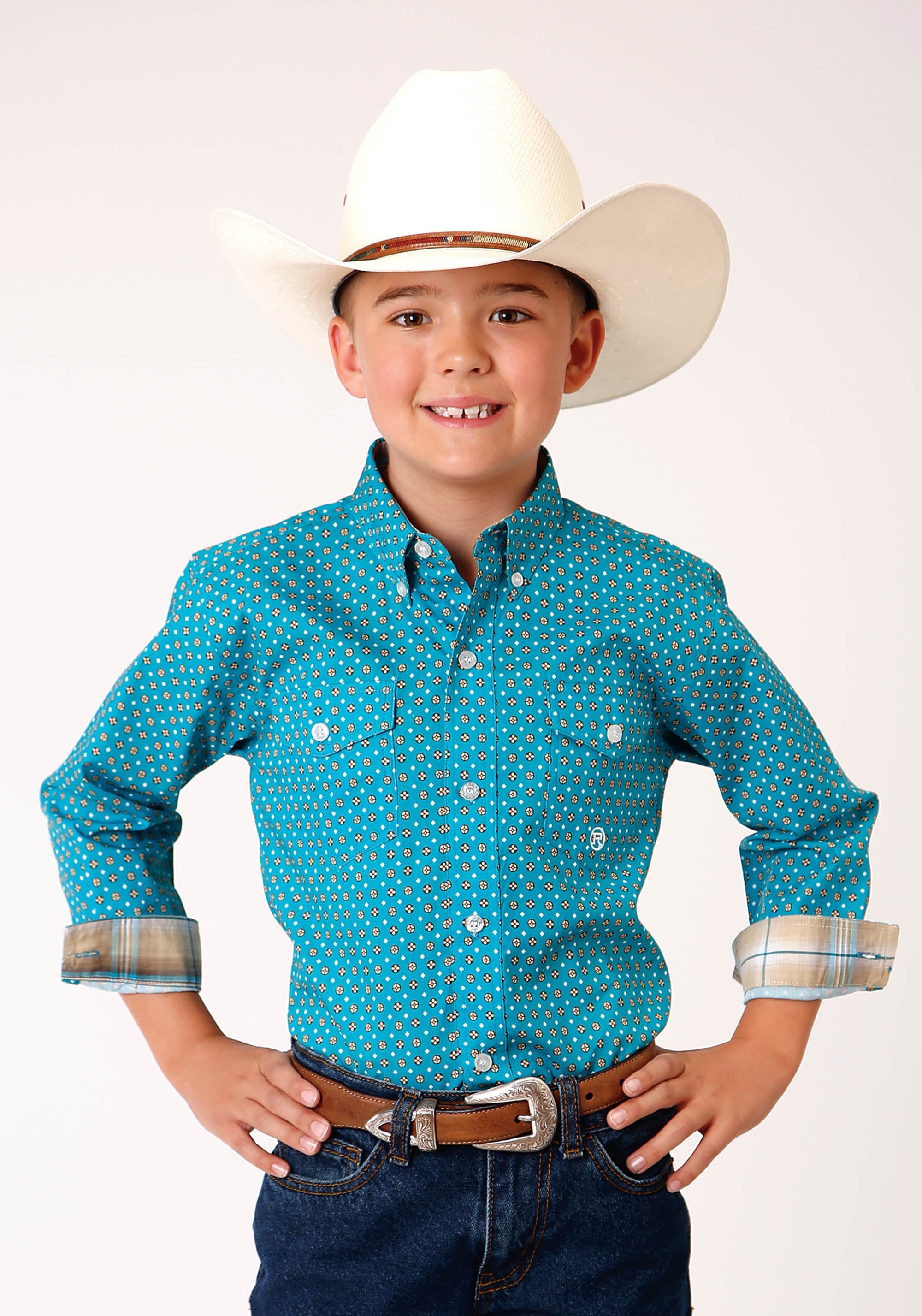 Roper Boys Long Sleeve Button Turquoise Foulard Western Shirt