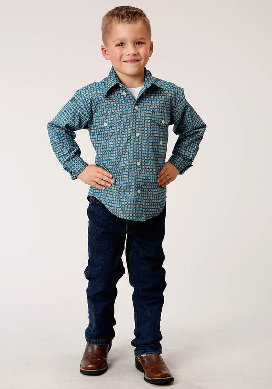 Roper Boys Long Sleeve Button Azure Neat Western Shirt - Flyclothing LLC