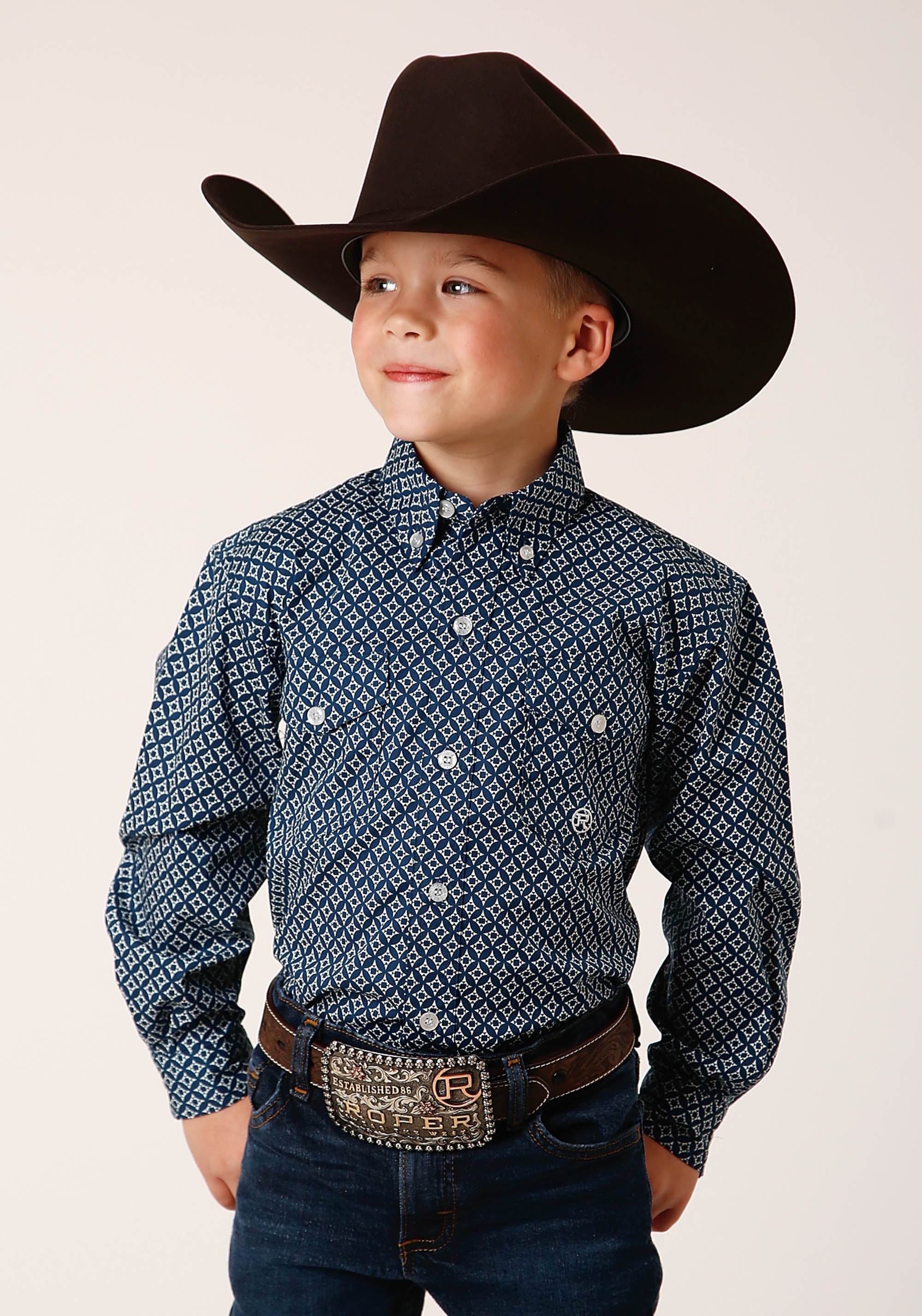 Roper Boys Long Sleeve Button Diamond Print Navy Western Shirt