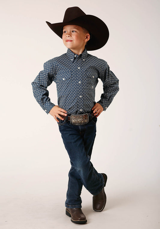 Roper Boys Long Sleeve Button Diamond Print Navy Western Shirt - Flyclothing LLC