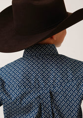 Roper Boys Long Sleeve Button Diamond Print Navy Western Shirt - Flyclothing LLC