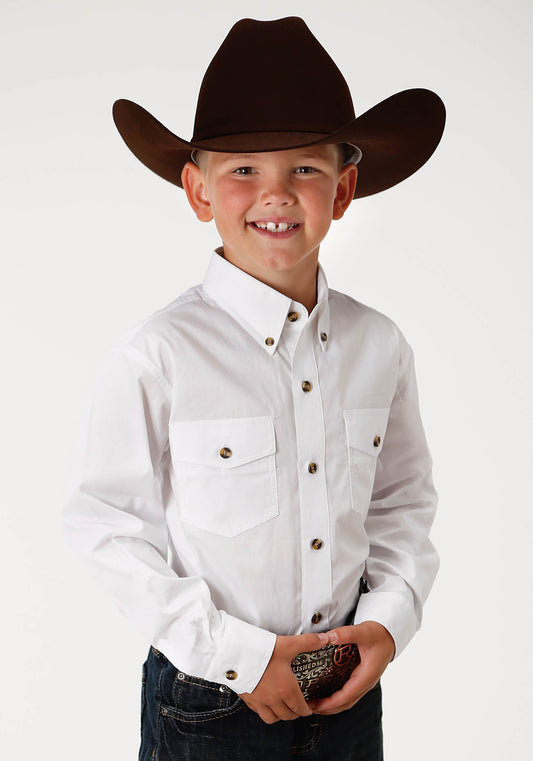 Roper Boys White Solid Long Sleeve Western Button Shirt