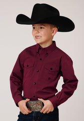 Roper Boys Long Sleeve Button Solid Black Fill Wine Western Shirt