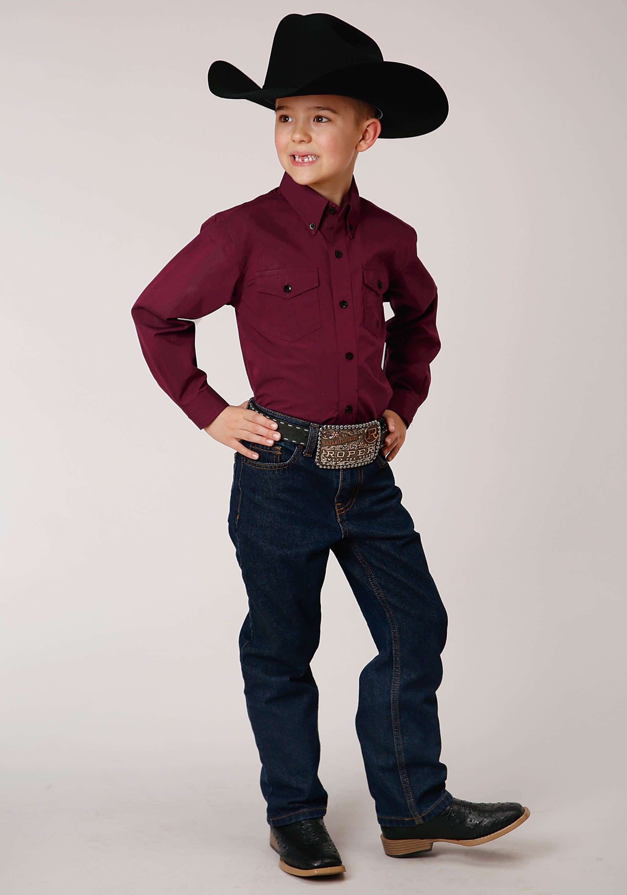 Roper Boys Long Sleeve Button Solid Black Fill Wine Western Shirt - Flyclothing LLC