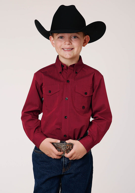 Roper Boys Long Sleeve Button Black Fill Solid Red Western Shirt