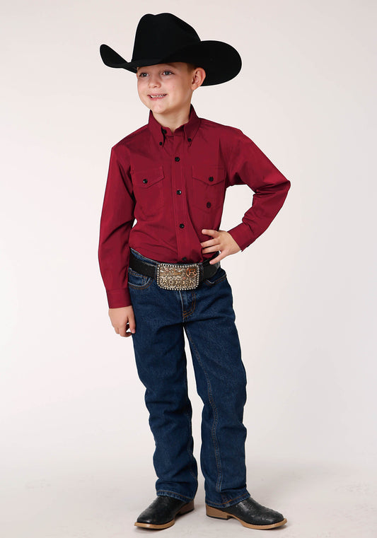 Roper Boys Long Sleeve Button Black Fill Solid Red Western Shirt - Flyclothing LLC