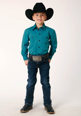 Roper Boys Long Sleeve Button Black Fill Solid Teal Western Shirt - Flyclothing LLC