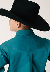 Roper Boys Long Sleeve Button Black Fill Solid Teal Western Shirt - Flyclothing LLC