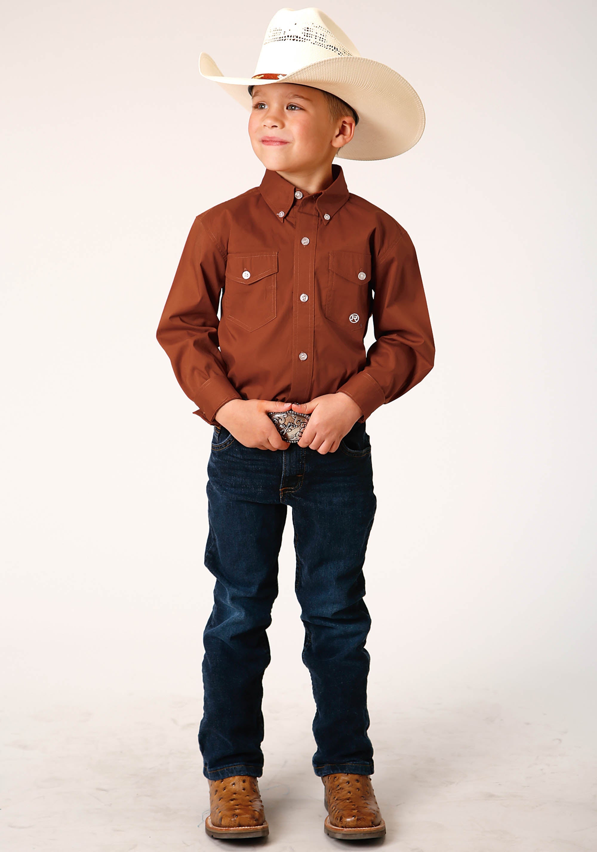 Roper Boys Long Sleeve Button Solid Poplin Stretch Orange Western Shirt - Flyclothing LLC