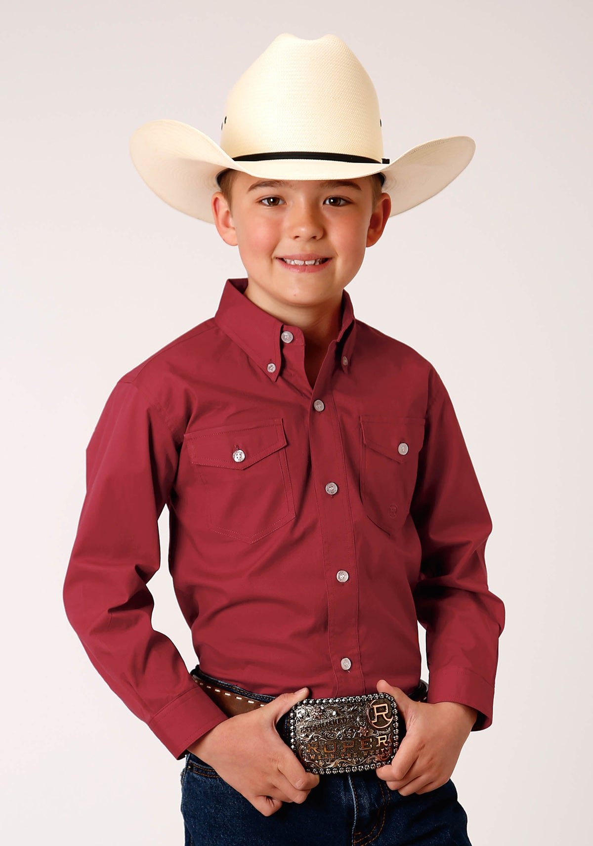 Roper Boys Long Sleeve Button Stretch Poplin Red Western Shirt