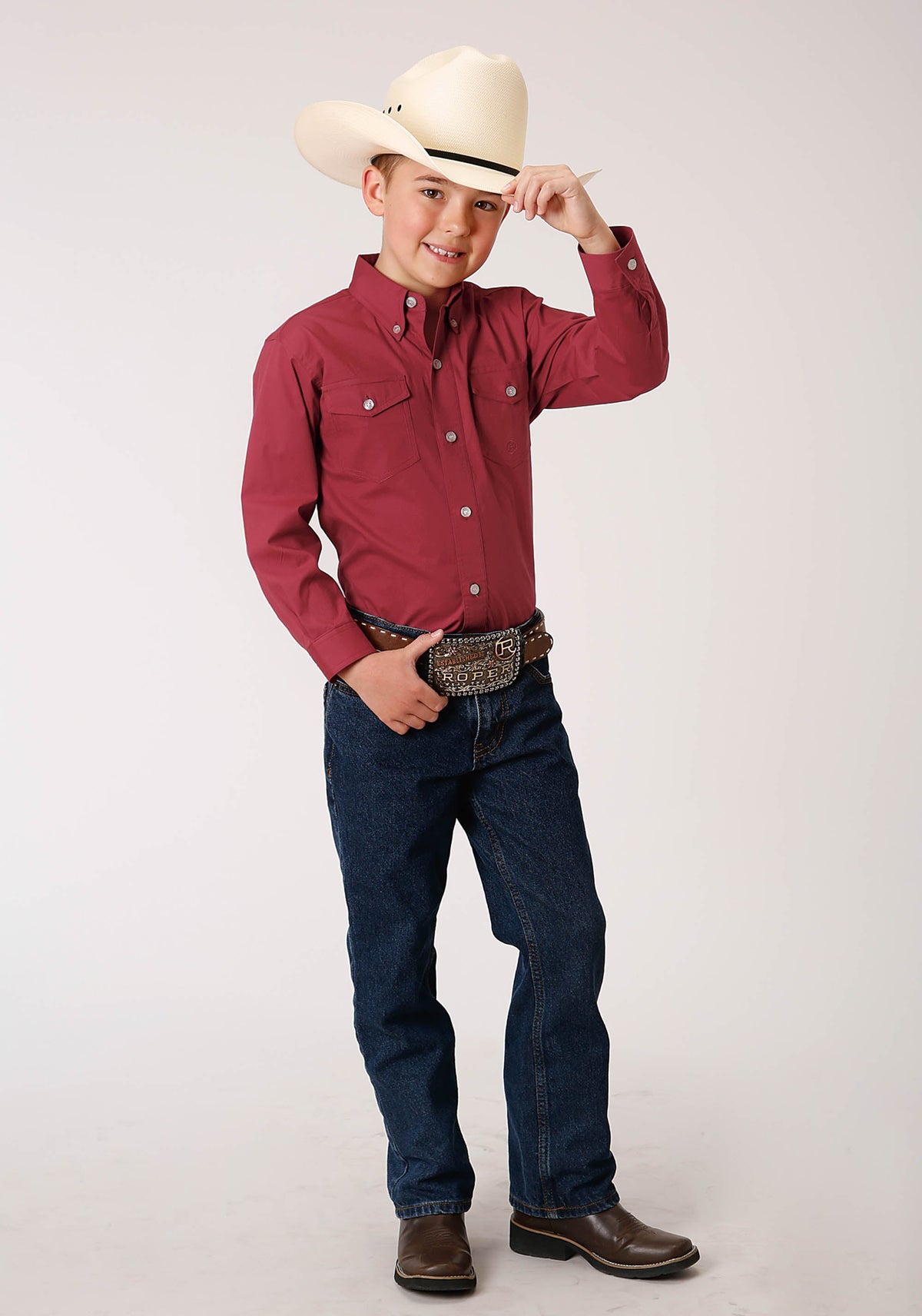 Roper Boys Long Sleeve Button Stretch Poplin Red Western Shirt - Flyclothing LLC