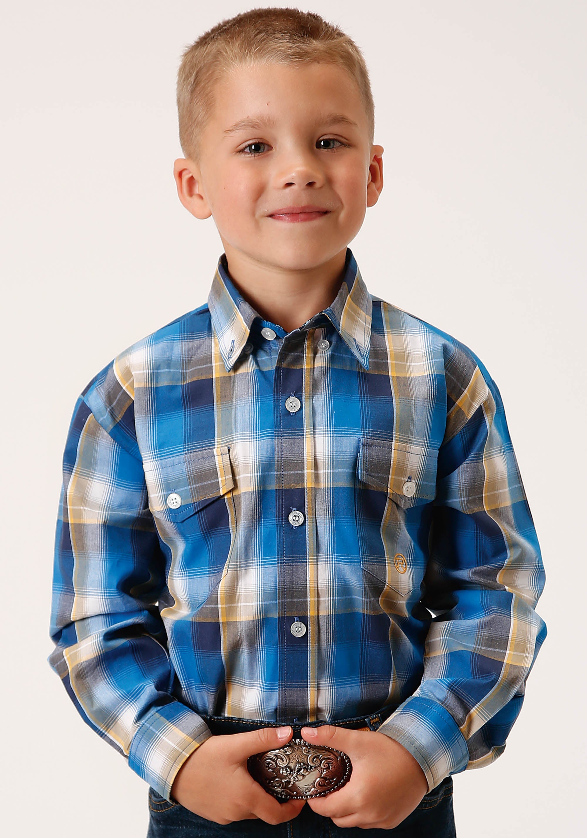 Roper Boys Long Sleeve Button Clear Sky Plaid Western Shirt