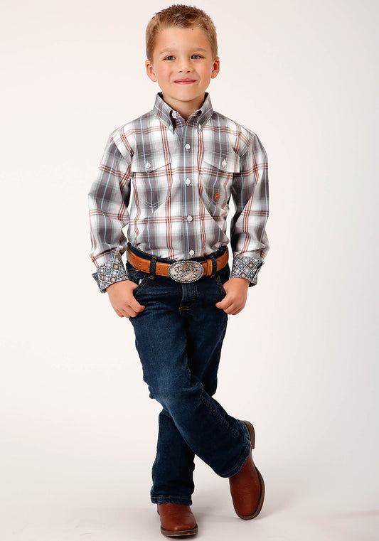 Roper Boys Long Sleeve Button Smokey Plaid Western Shirt - Flyclothing LLC