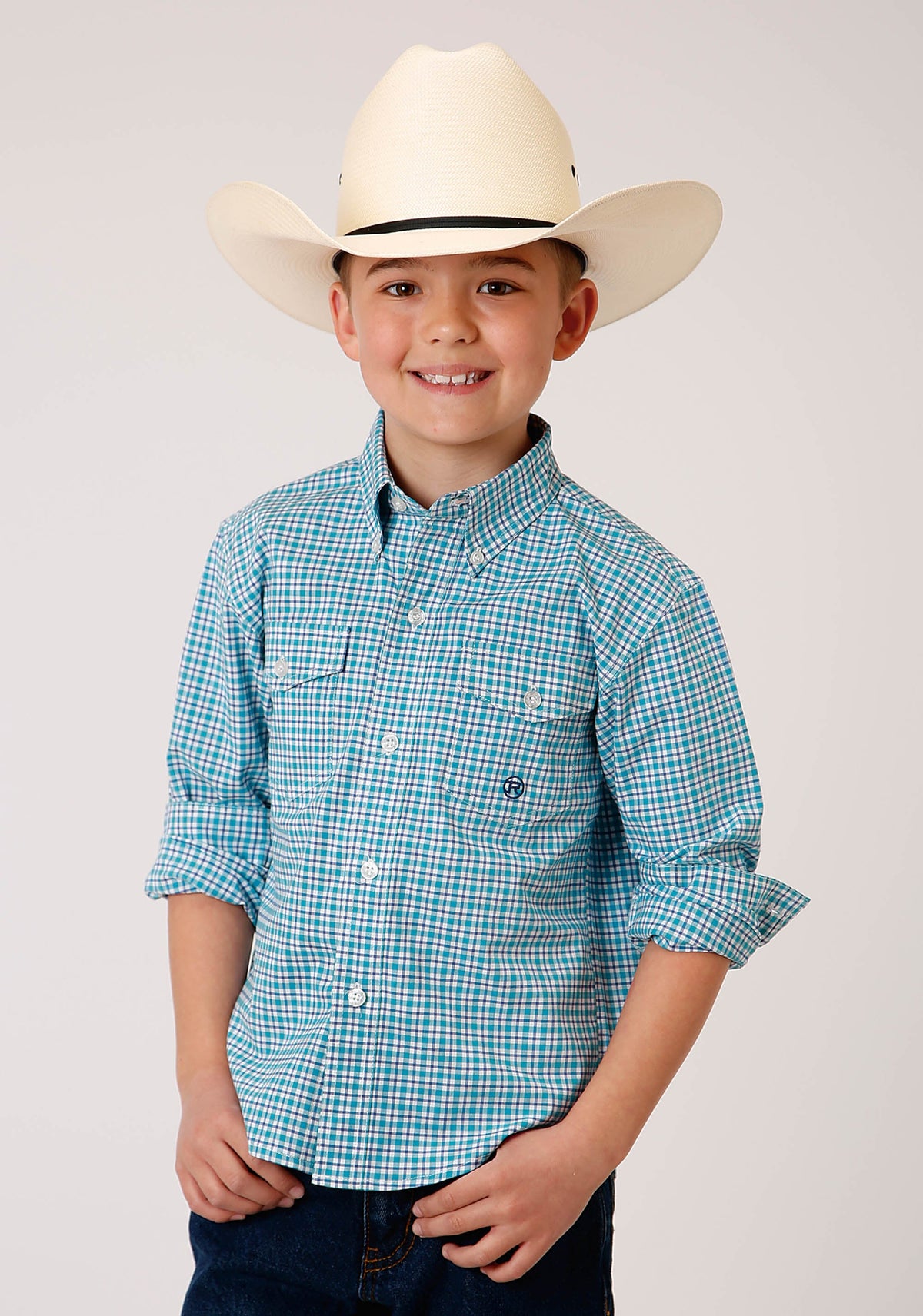 Roper Boys Long Sleeve Button Stretch Check Western Shirt