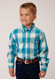 Roper Boys Long Sleeve Button Turquoise Sand Ombre Plaid Western Shirt