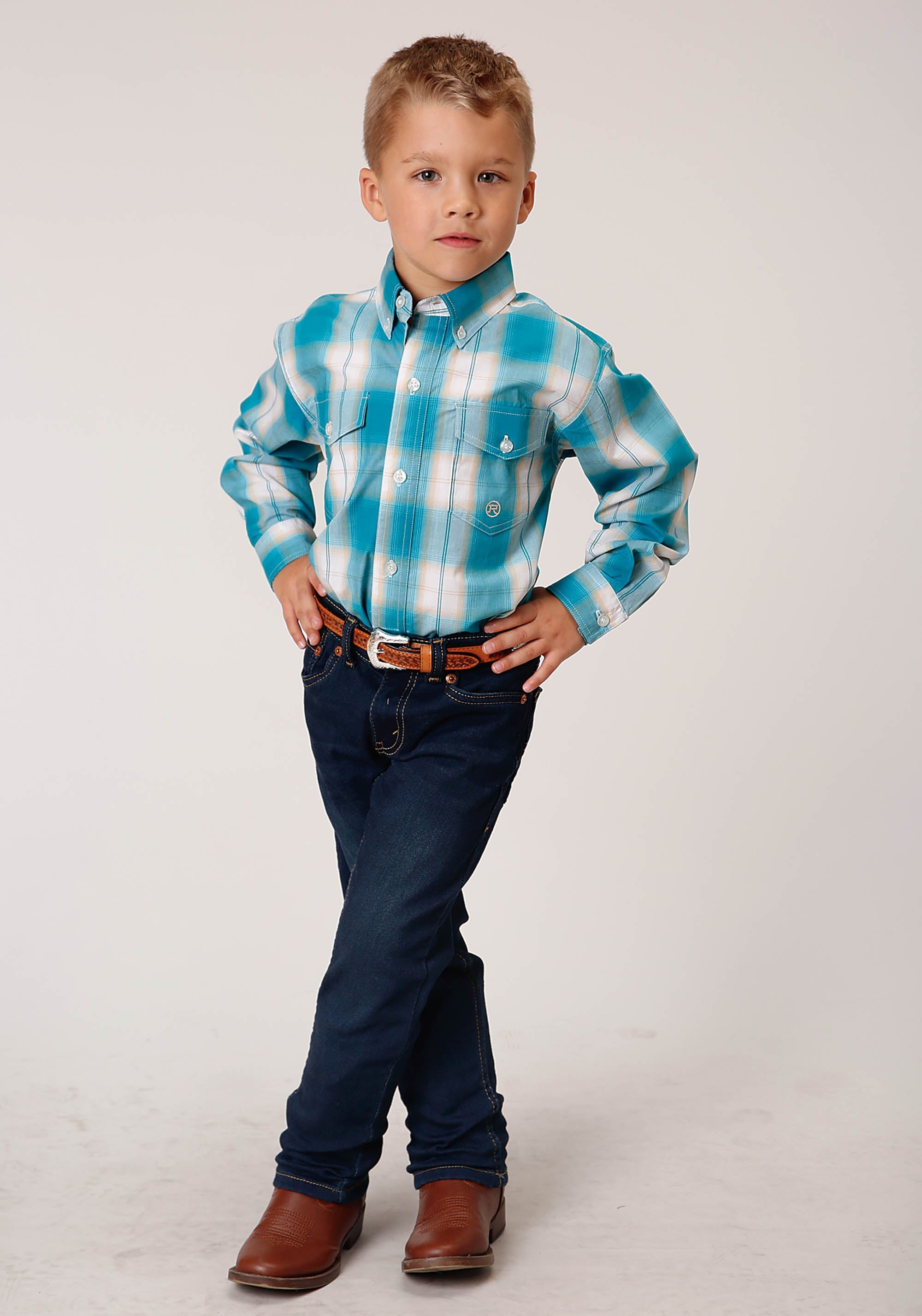 Roper Boys Long Sleeve Button Turquoise Sand Ombre Plaid Western Shirt - Flyclothing LLC