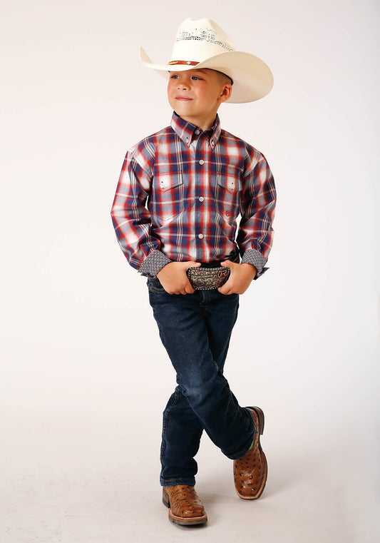 Roper Boys Long Sleeve Button Independence Plaid Western Shirt - Flyclothing LLC