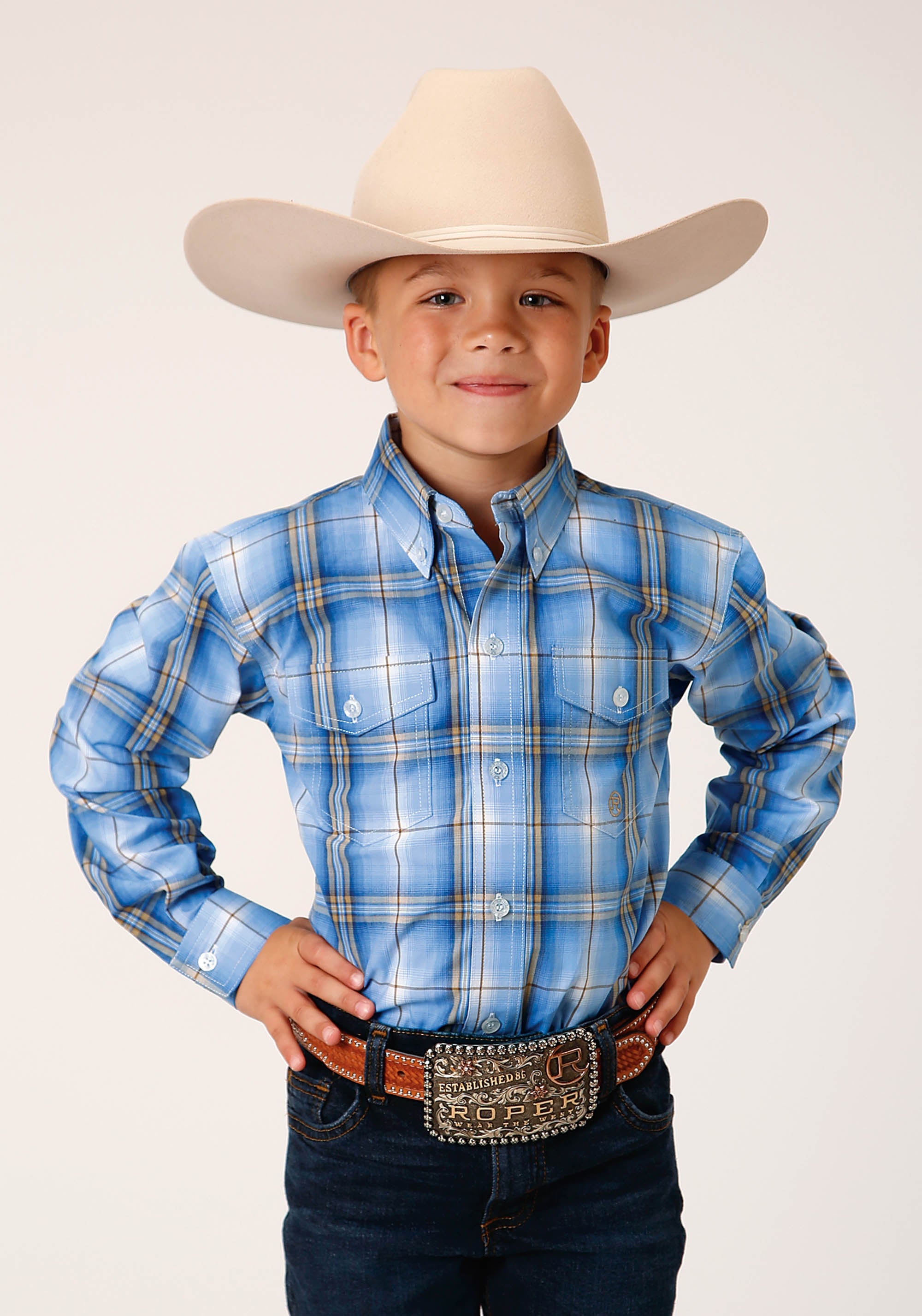 Roper Boys Long Sleeve Button Cornflower Plaid Western Shirt