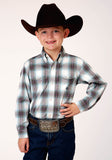 Roper Boys Long Sleeve Button Olive Stretch Plaid Western Shirt