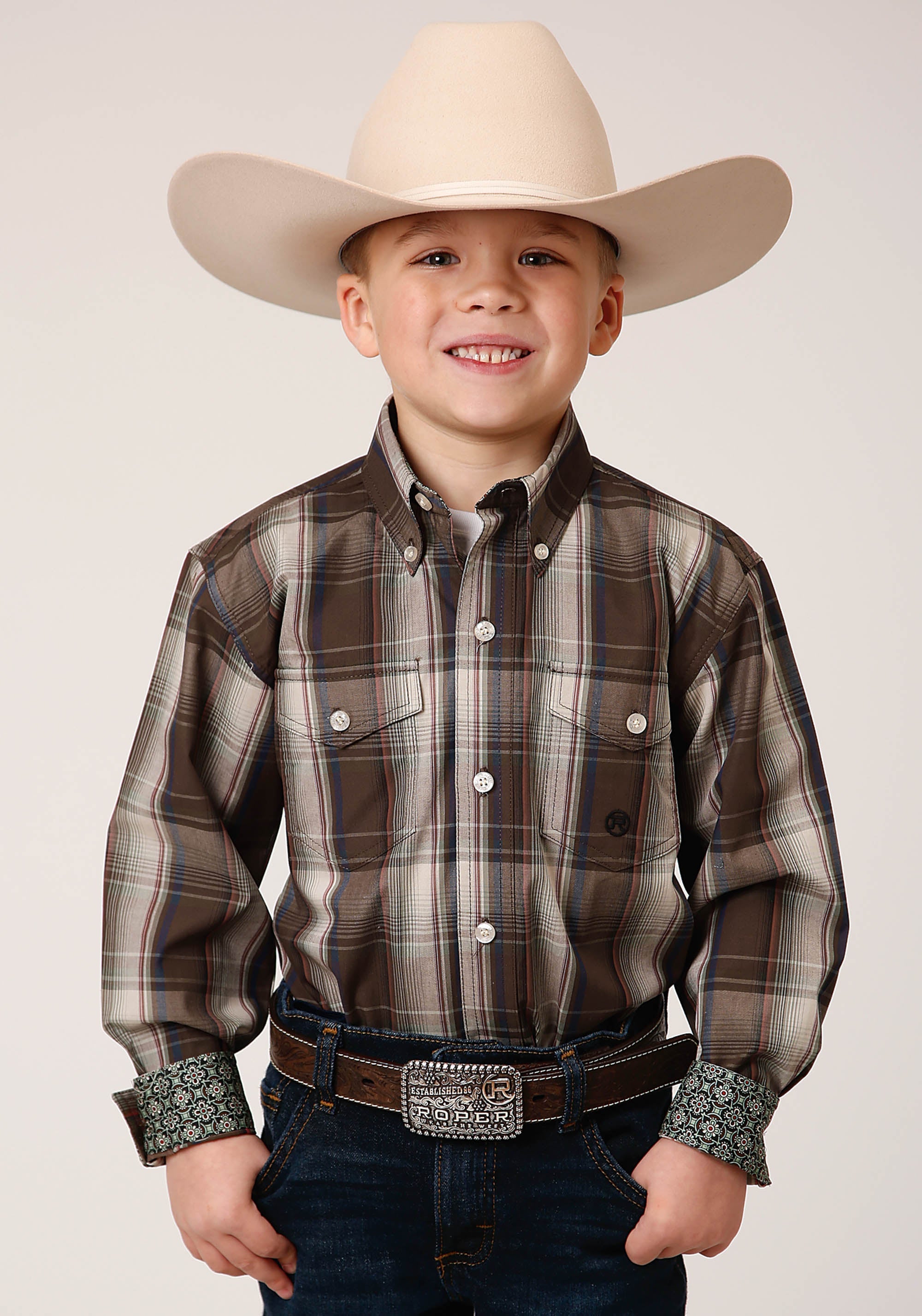 Roper Boys Long Sleeve Button Pinewood Plaid Western Shirt