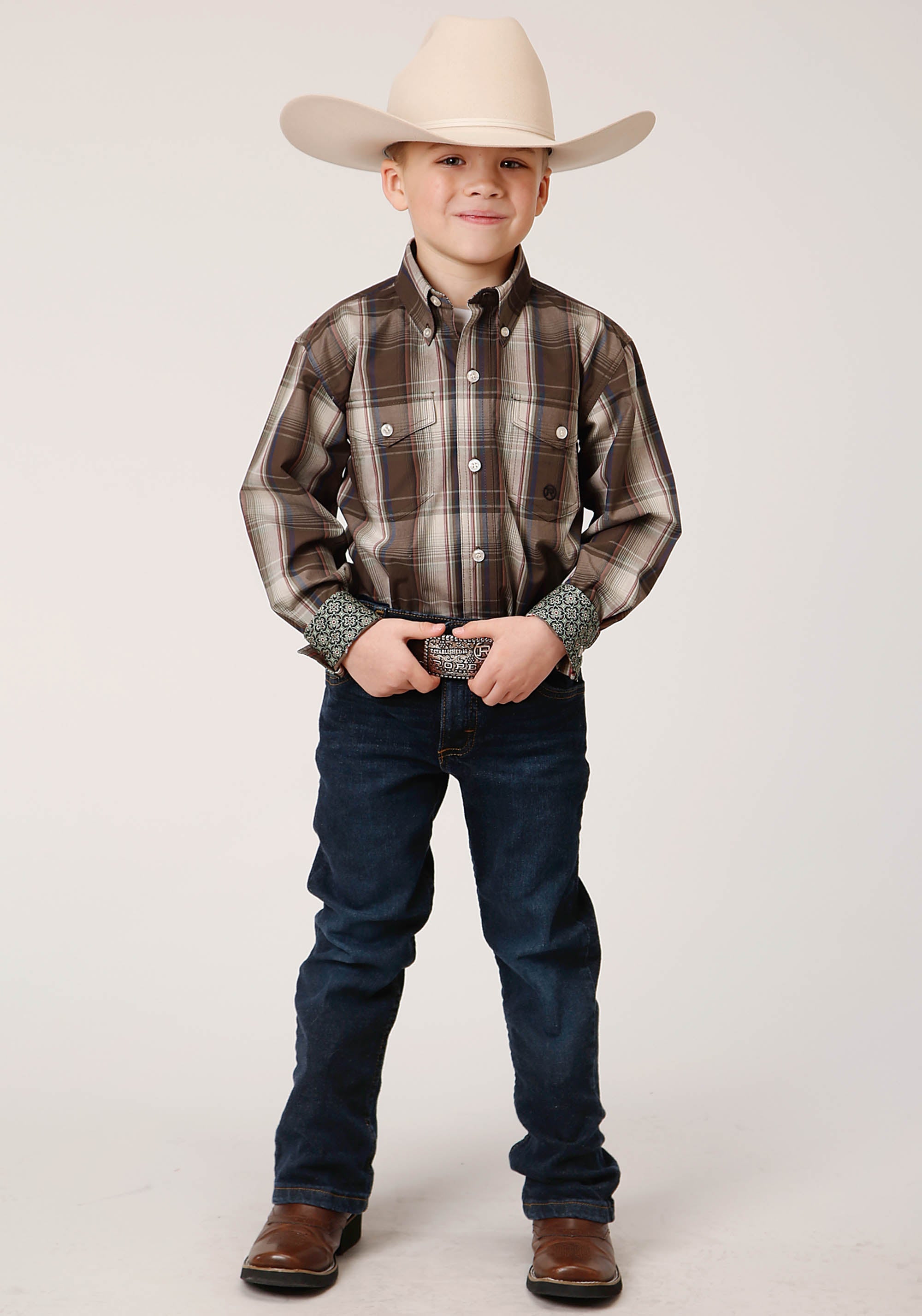 Roper Boys Long Sleeve Button Pinewood Plaid Western Shirt - Flyclothing LLC