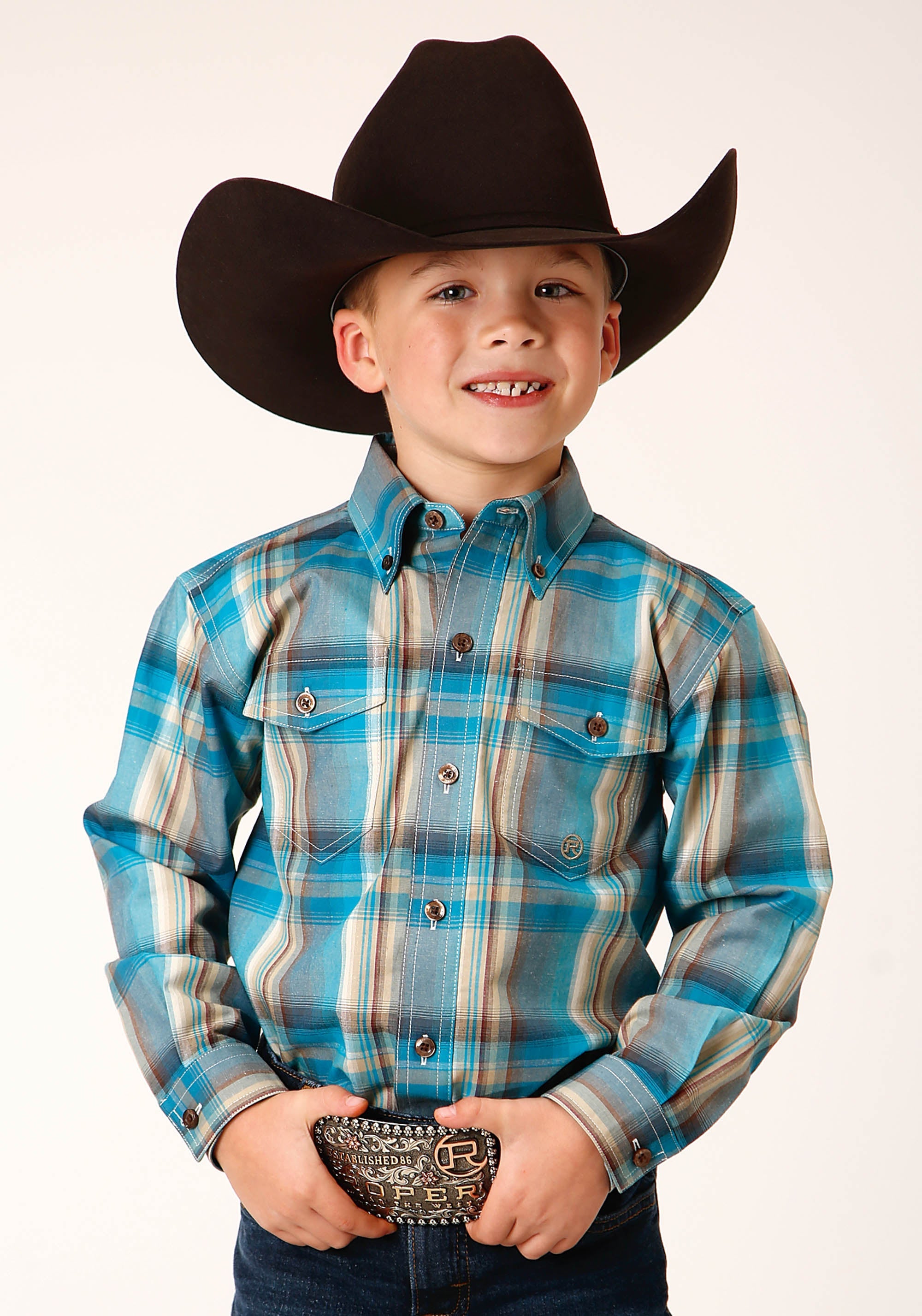 Roper Boys Long Sleeve Button Sandy Turquoise Plaid Western Shirt