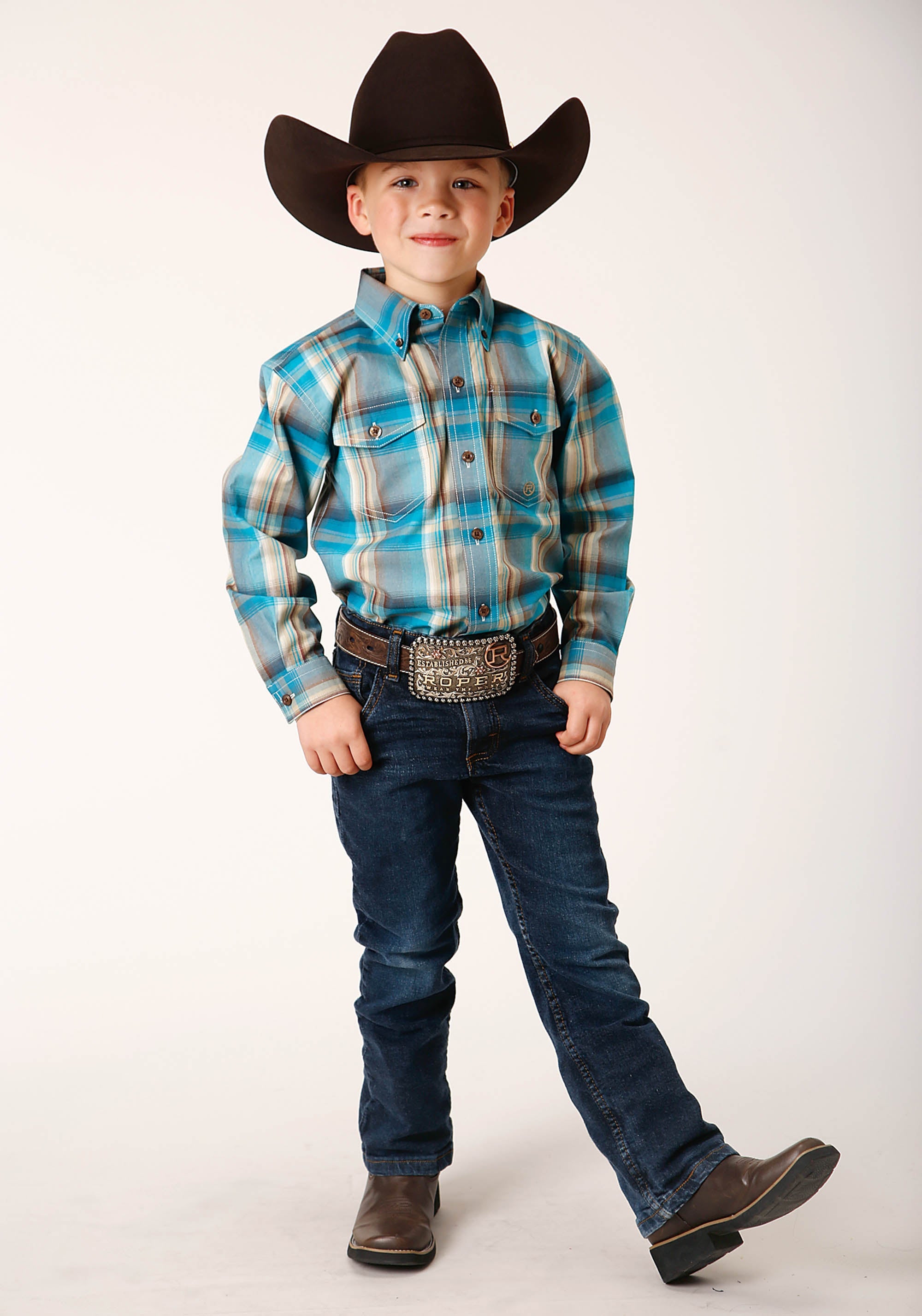 Roper Boys Long Sleeve Button Sandy Turquoise Plaid Western Shirt - Flyclothing LLC