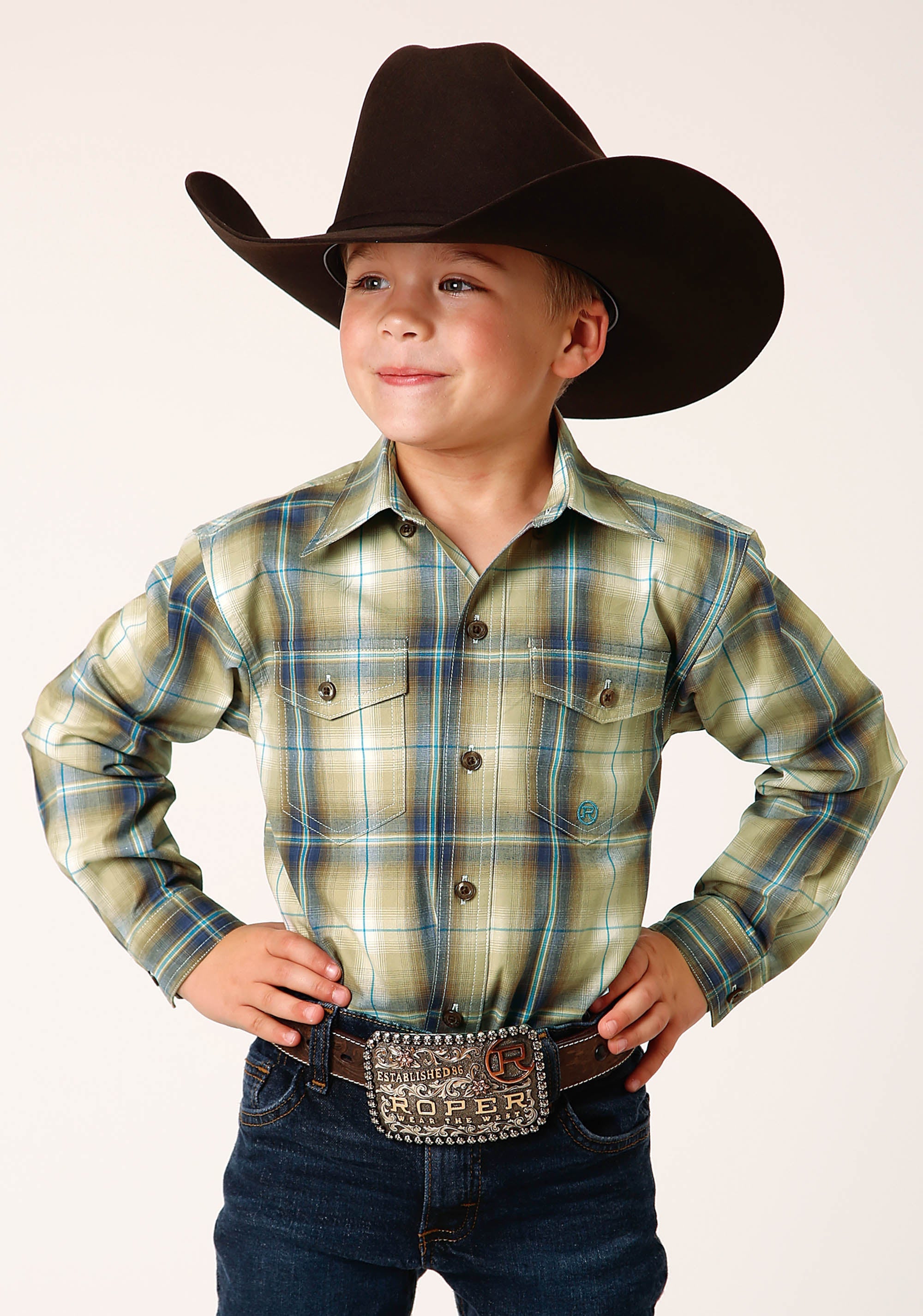 Roper Boys Long Sleeve Button Sand Dune Plaid Western Shirt