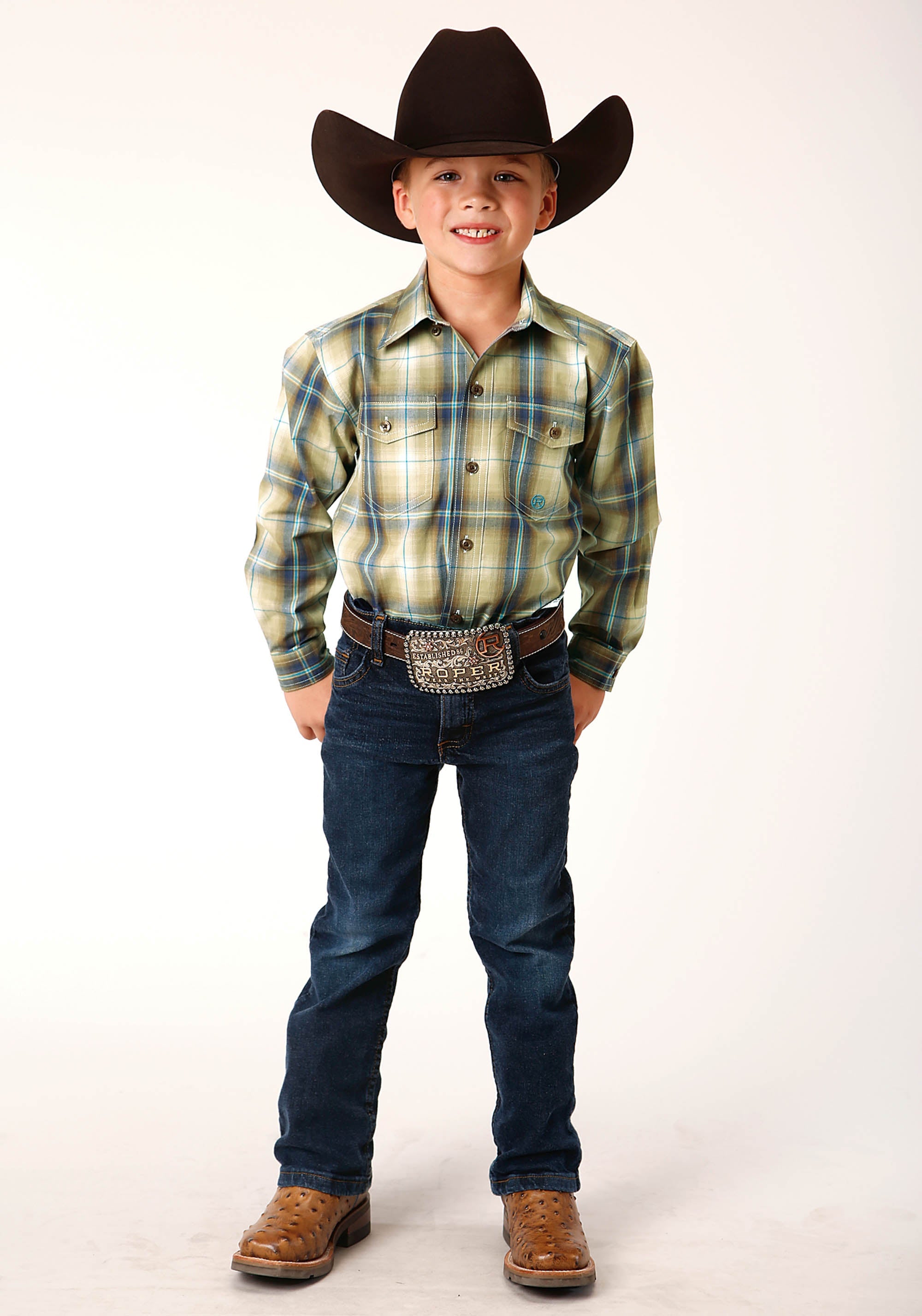 Roper Boys Long Sleeve Button Sand Dune Plaid Western Shirt - Flyclothing LLC