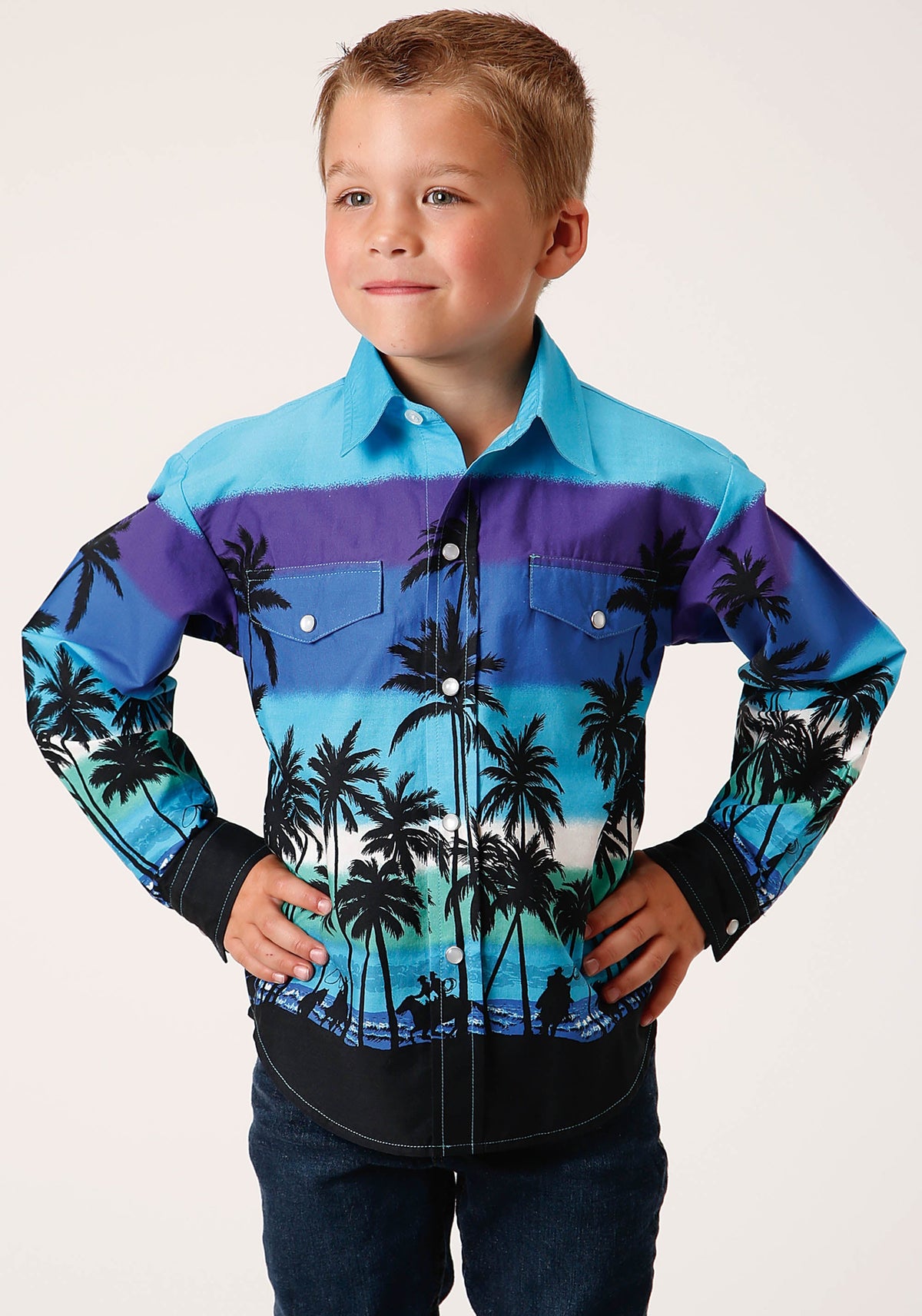 Roper Boys Long Sleeve Snap Beach Roundup Border Western Shirt