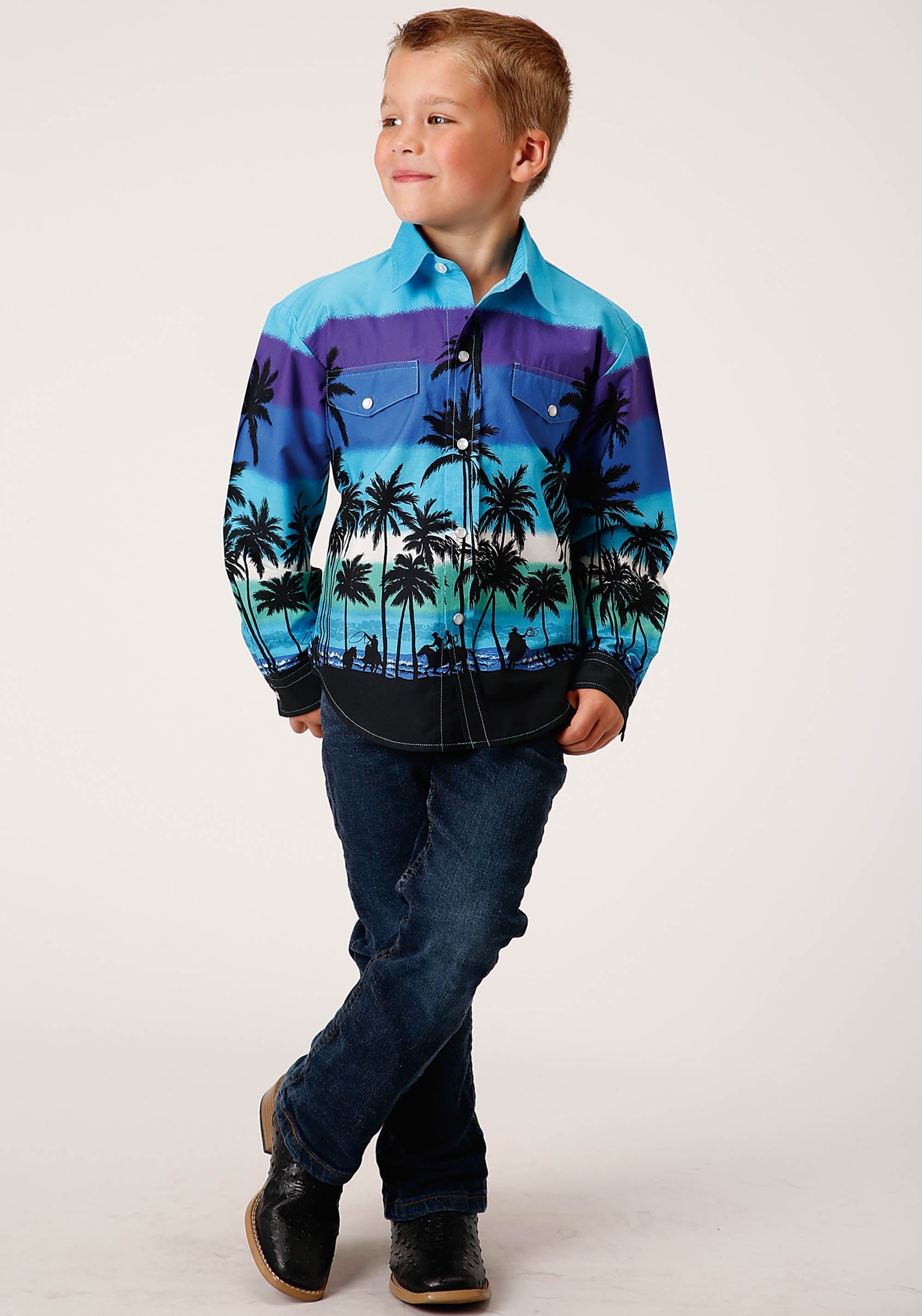 Roper Boys Long Sleeve Snap Beach Roundup Border Western Shirt - Flyclothing LLC