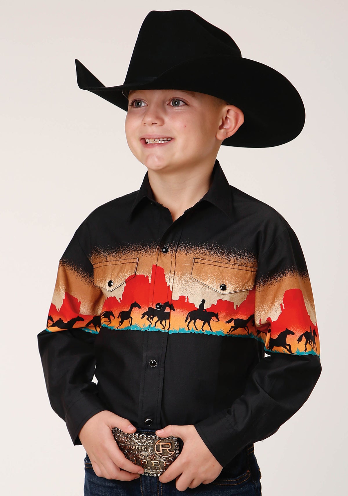 Roper Boys Long Sleeve Snap Red Mesa Border Scenic Western Shirt