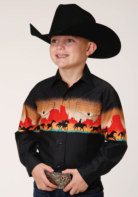 Roper Boys Long Sleeve Snap Red Mesa Border Scenic Western Shirt