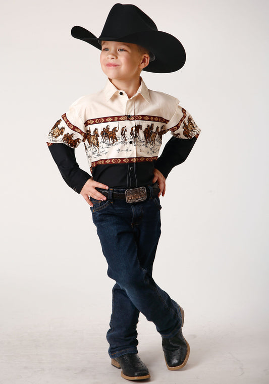 Roper Boys Long Sleeve Snap Running Horse Border Print Western Shirt - Flyclothing LLC